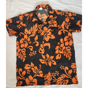 King Kamcha Size L Hawaiian Shirt Black/Orange Hibiscus Flowers Quick Dry